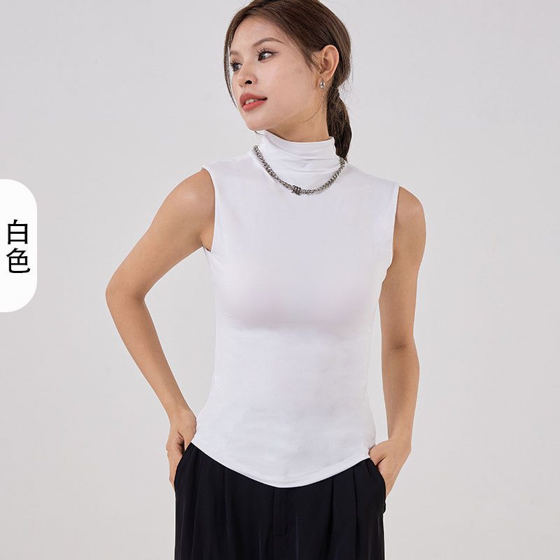 2024 nueva camisa de fondo suave de nube de doble capa sin mangas de cuello alto, camisa de fitness deportiva de yoga elástica ajustada