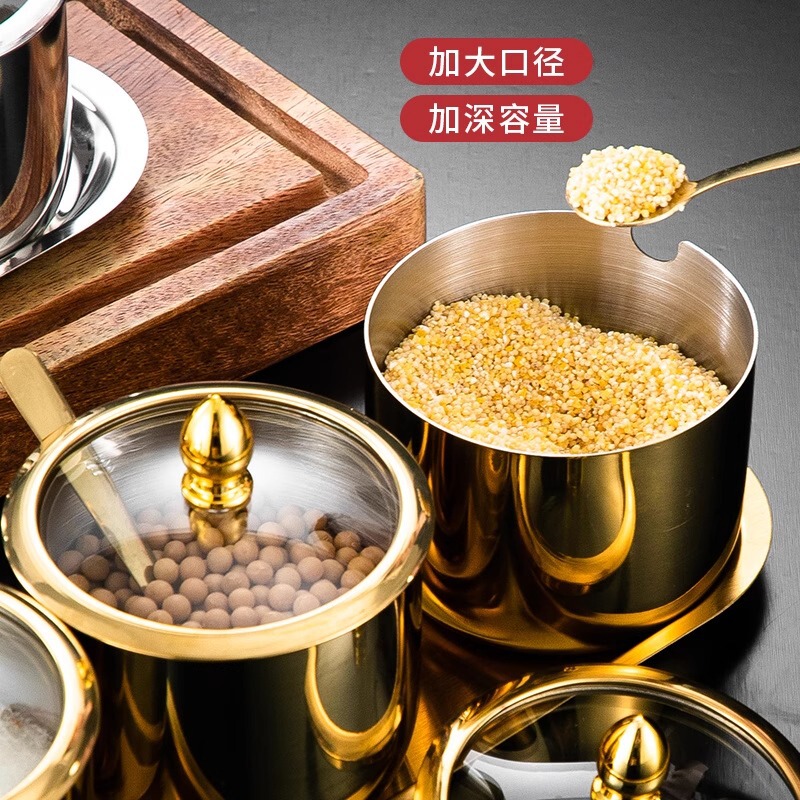 304ステンレススチール组み合わせ味付け家庭用セットキッチン调味料収纳缶缶スプーン付き取っ手付きゴールド塩缶|undefined