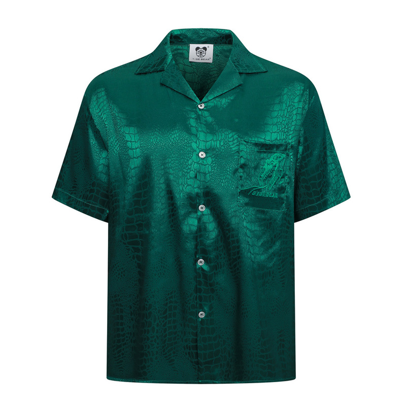 Foreign Trade Retro Chinese Style Snakeskin Pattern Jacquard Shirt High-grade Silky Satin Loose Embroidered Short-sleeved Shirt for Men
