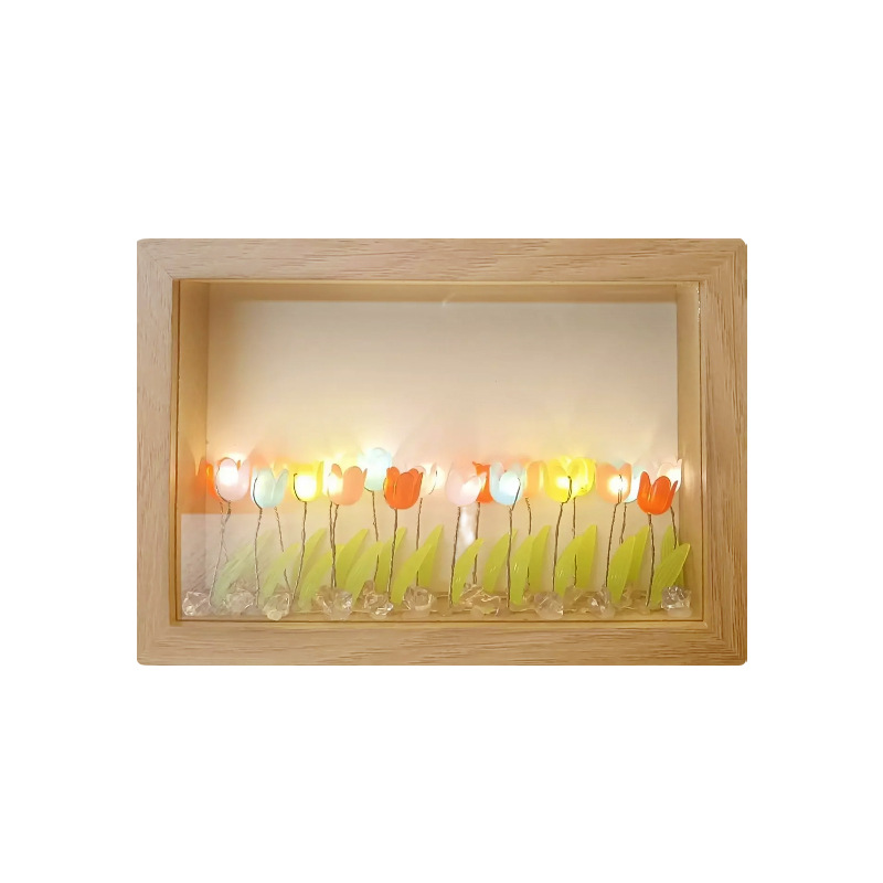 Nuevo marco de fotos de tulipanes luces nocturnas creativas flores mares hechas a mano DIY paquetes de materiales románticos luces de regalo de cumpleaños