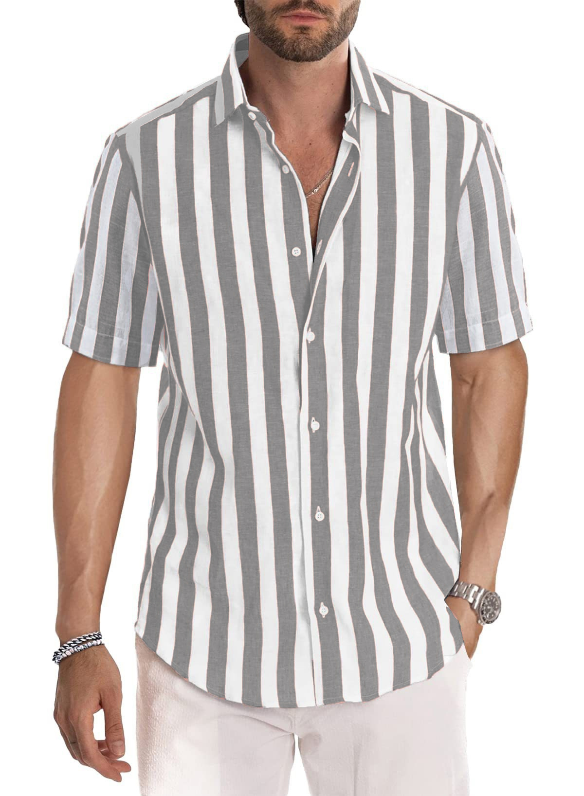 Herren Kurzarm Freizeithemd Im Streifendesign Für Den Sommer_voghion.com
