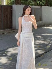 アメリカンホットガールハイエンドウエスト痩身ノースリーブドレス女性の夏のパーソナライズされたホルターネック花柄レイヤードロングスカート
