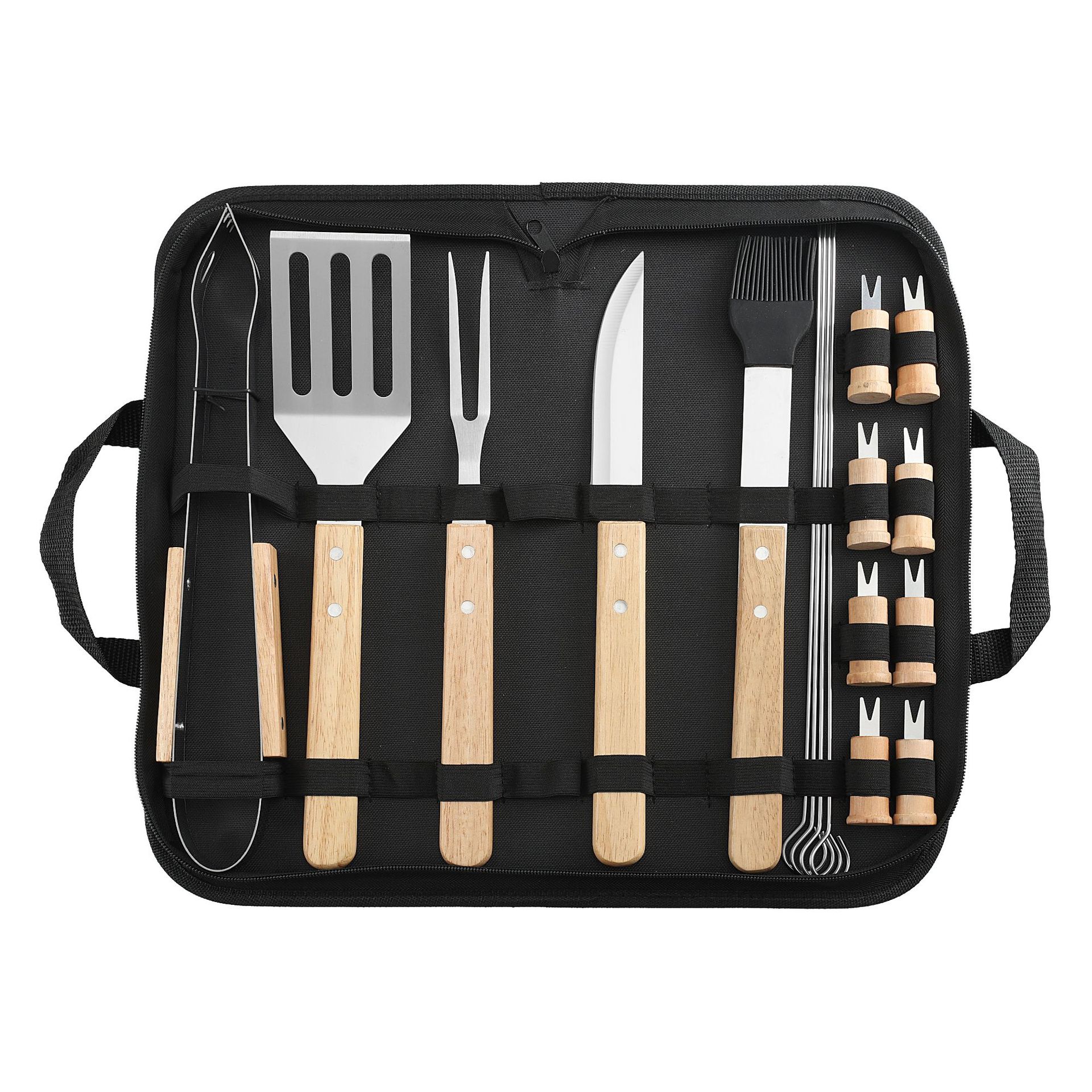 Acero inoxidable parrilla de acampamiento al aire libre BBQ conjunto de parrilla combinación de mango de madera bolsa de tela parrilla conjunto de herramientas