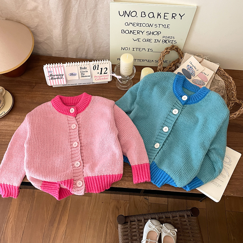 Kleidung, Mädchenoberbekleidung, Strickpullover im Frühlings- und Herbststil, stilvolle koreanische Babyversion, Kontrastfarbe,_voghion.com