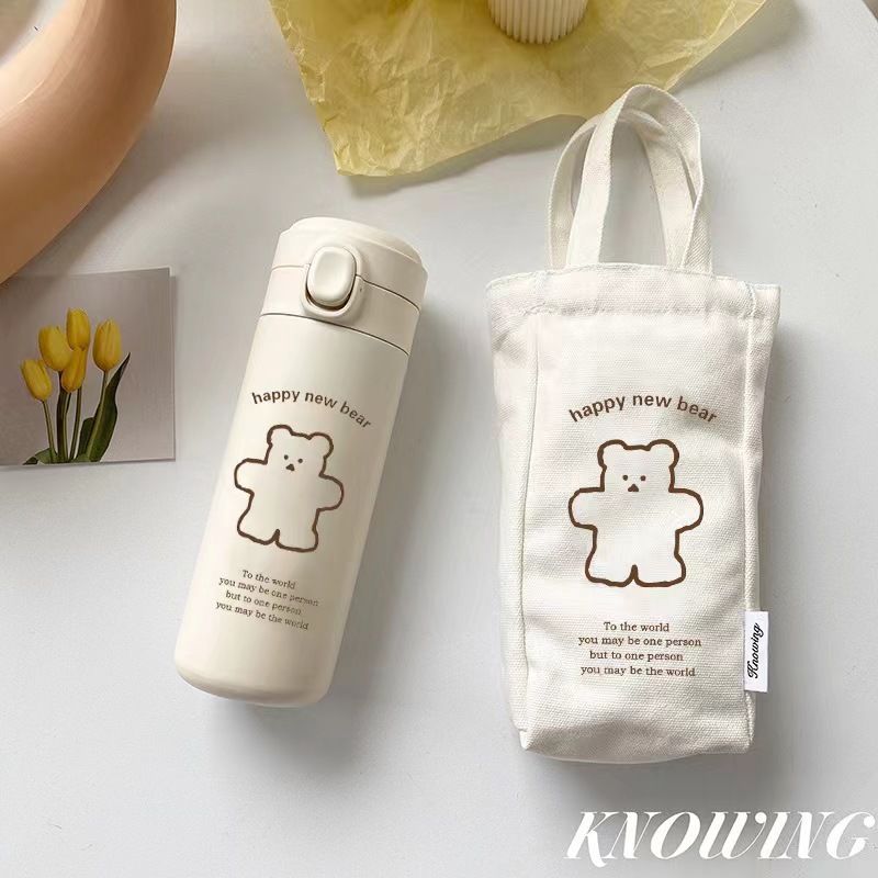 Fashion Cartoon Cute Bear Thermos Cup Portable Bag Men's and Women's Students Bouncing Cup High Beauty Value Portable Water Cup