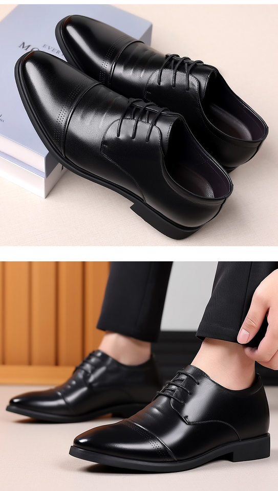 Giày da nam công sở da bò thoáng khí tăng chiều cao 6 cm — Màu đen, Độn cao màu đen chi tiết 20