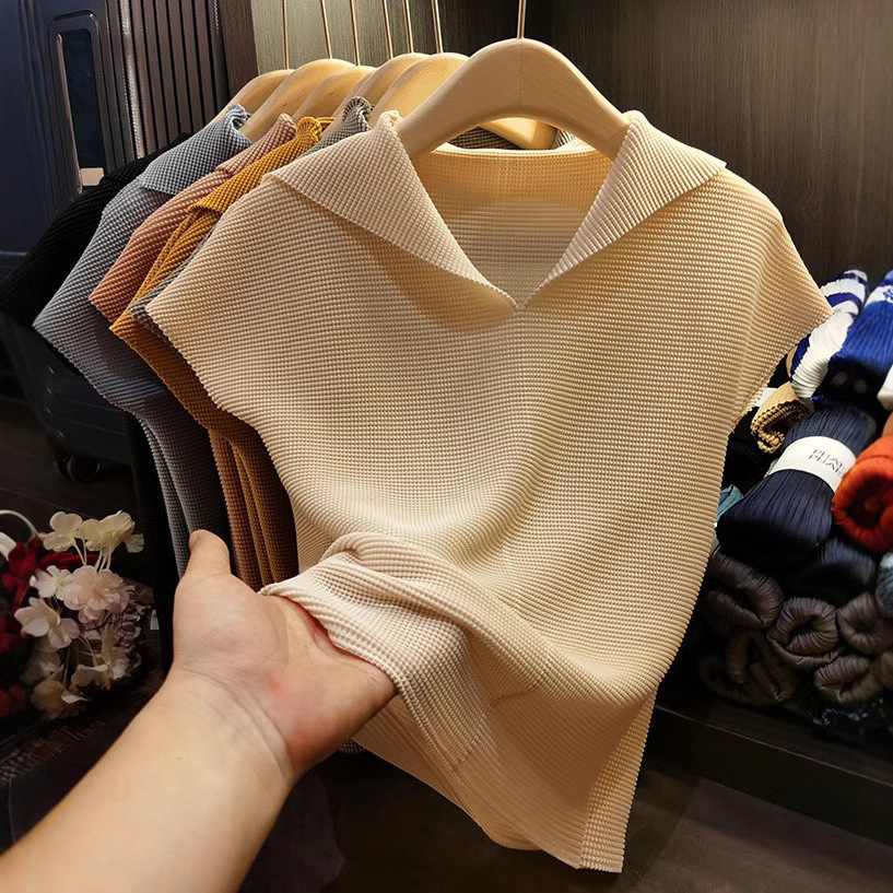 Áo thun cổ chữ V xếp ly dáng ôm thanh lịch nữ — Màu xanh lam nhạt, Màu xanh lục, Màu đen, Màu cam