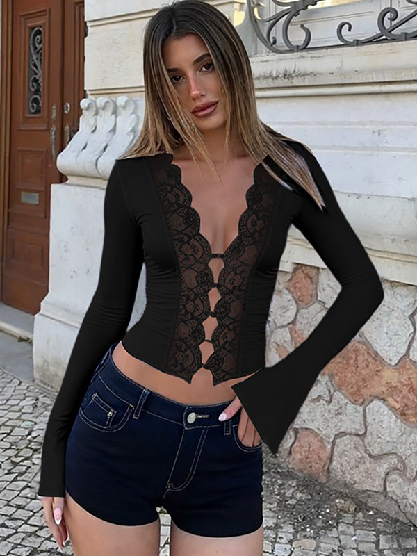 Comercio exterior otoño y invierno nuevo estilo de ropa de mujer europea y americana de moda de color sólido encaje sexy cardigan delgado camisa de manga larga mujer