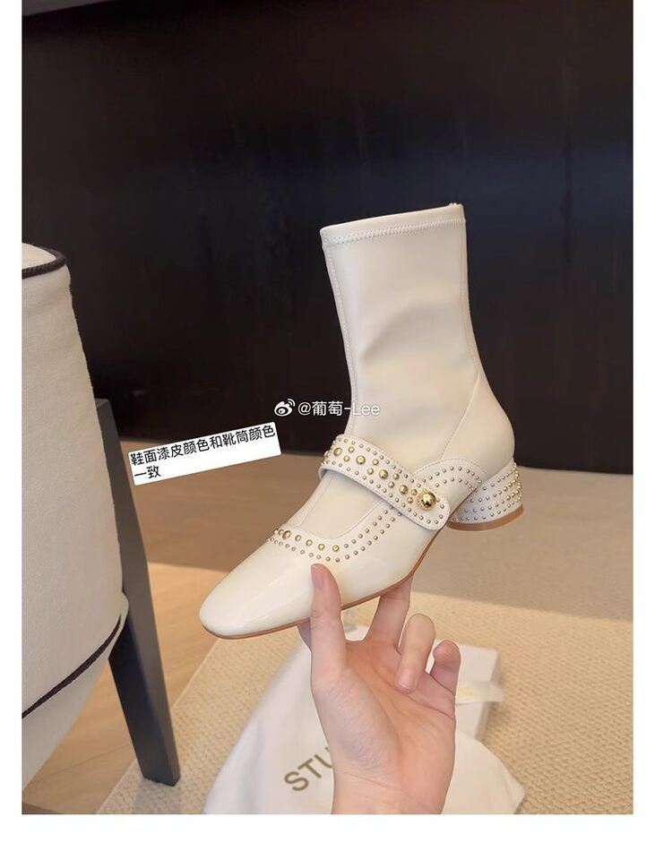 Bốt ngắn nữ mũi vuông bằng da bò nguyên miếng, gót vừa 3–5 cm, đế dày, khóa kéo phía sau — Màu trắng (giày bốt ngắn), Màu đen (giày bốt ngắn), Đen (bốt) chi tiết 39
