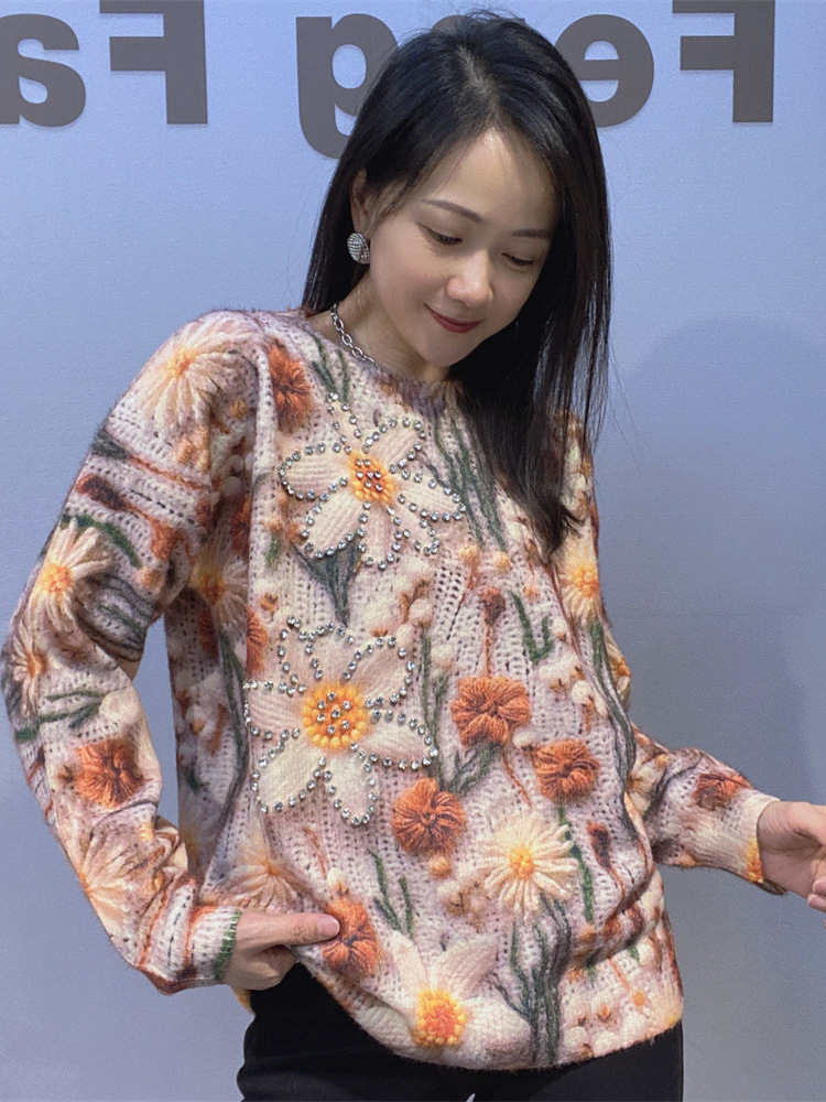 Ropa de comercio exterior de invierno 2025 nueva ropa europea de mujer visón clavos taladro camisa de punto camisa de manga larga suéter de cuello redondo chaqueta superior