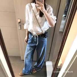 松弛感老钱风条纹polo领衬衫女早秋休闲宽松抽绳气质衬衣短款上衣