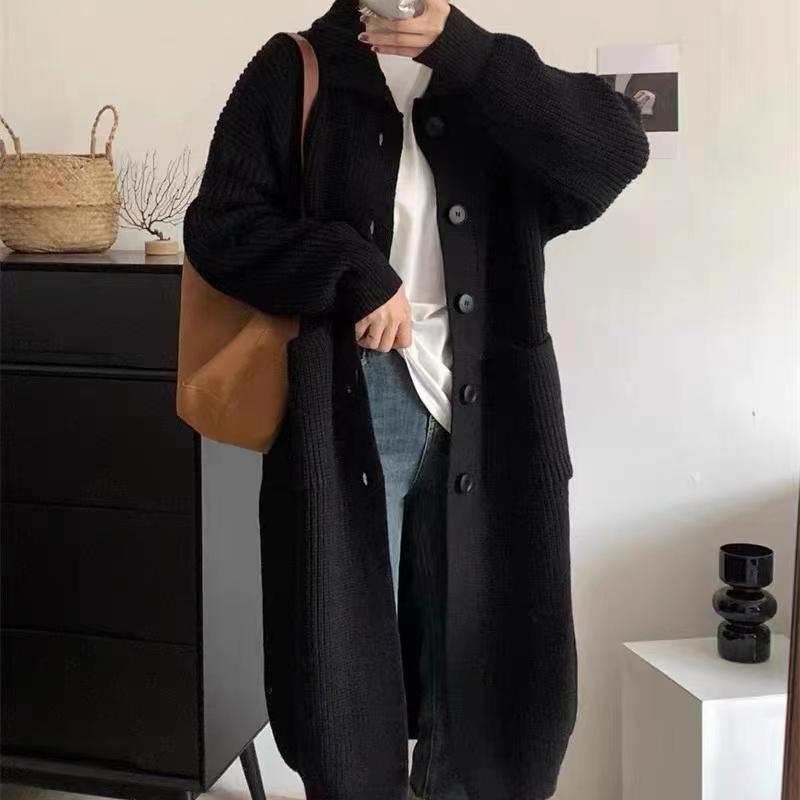 韩系慵懒风高领毛衣女单排扣纯色长袖针织开衫中长款外套女春秋|undefined