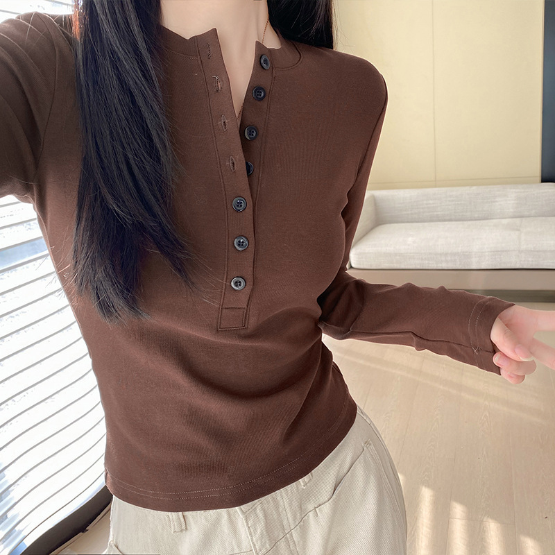 Solid Color Half-Open Collar Long-Sleeve T-Shirt for Women 2026, High-End Chic Slim-Fit Short Top