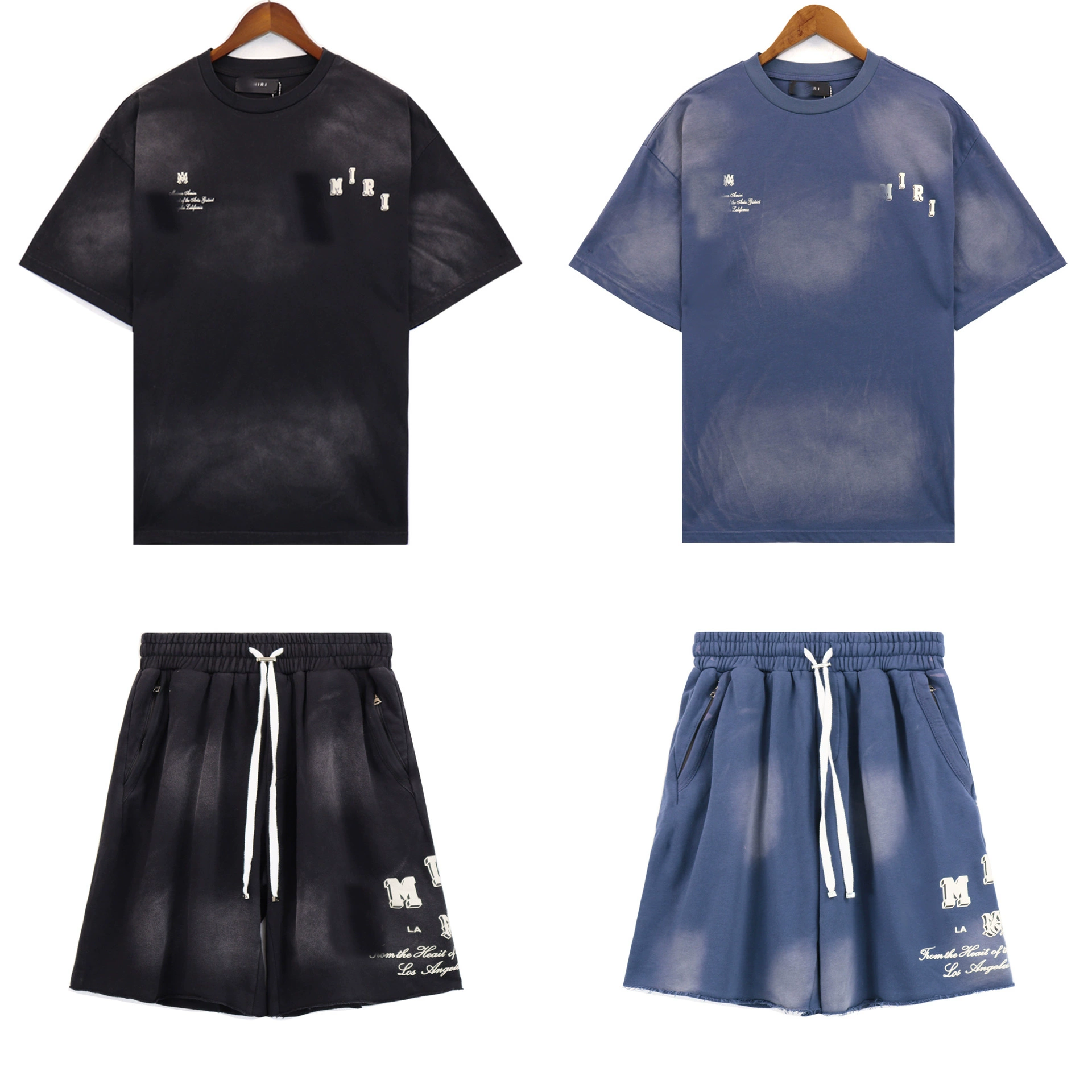 AMIRI новый короткий рукав буквенные принты повседневный набор из двух частей летом мужчины и женщины моют воду, чтобы сделать старые спортивные шорты
