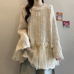 大码女装秋季新款胖妹妹针织时尚宽松显瘦加厚玫瑰蕾丝边上衣