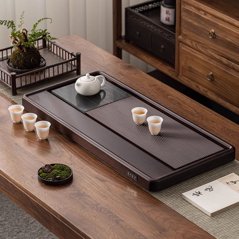 乌金石茶盘排水式一体茶盘重竹茶盘实木石头茶台简约排水石头茶盘