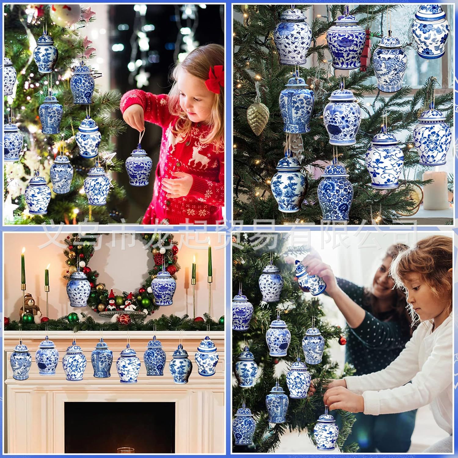 40 conjuntos de decoraciones navideñas de porcelana de color azul de Navidad China decoración de madera de Navidad