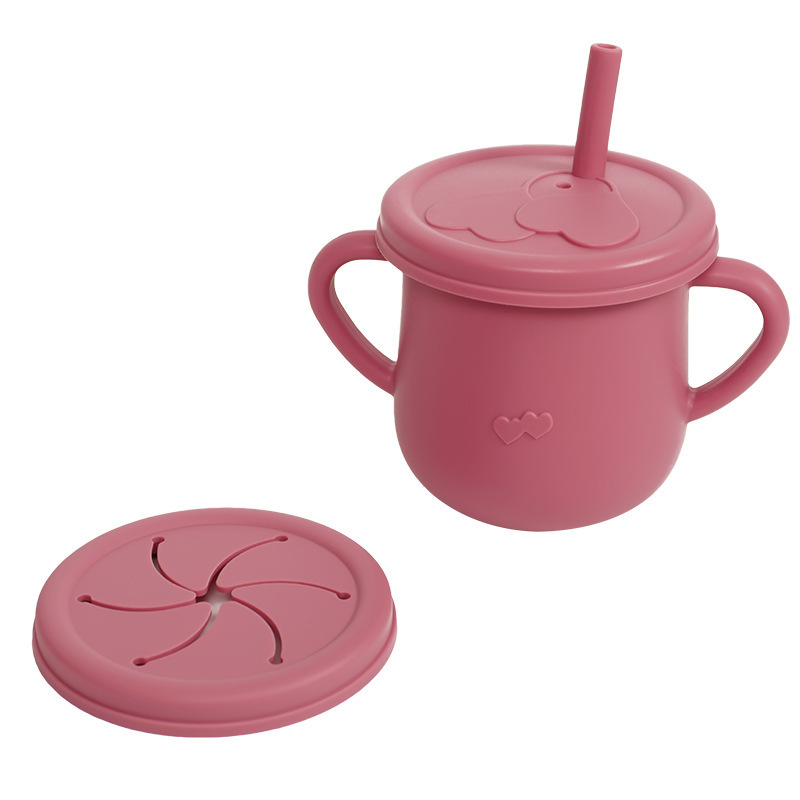 Vaso de aprendizaje para bebés con doble asa, vajilla para niños, vaso con pajita de silicona, vaso para refrigerios, vaso para agua con escala, vaso con doble tapa