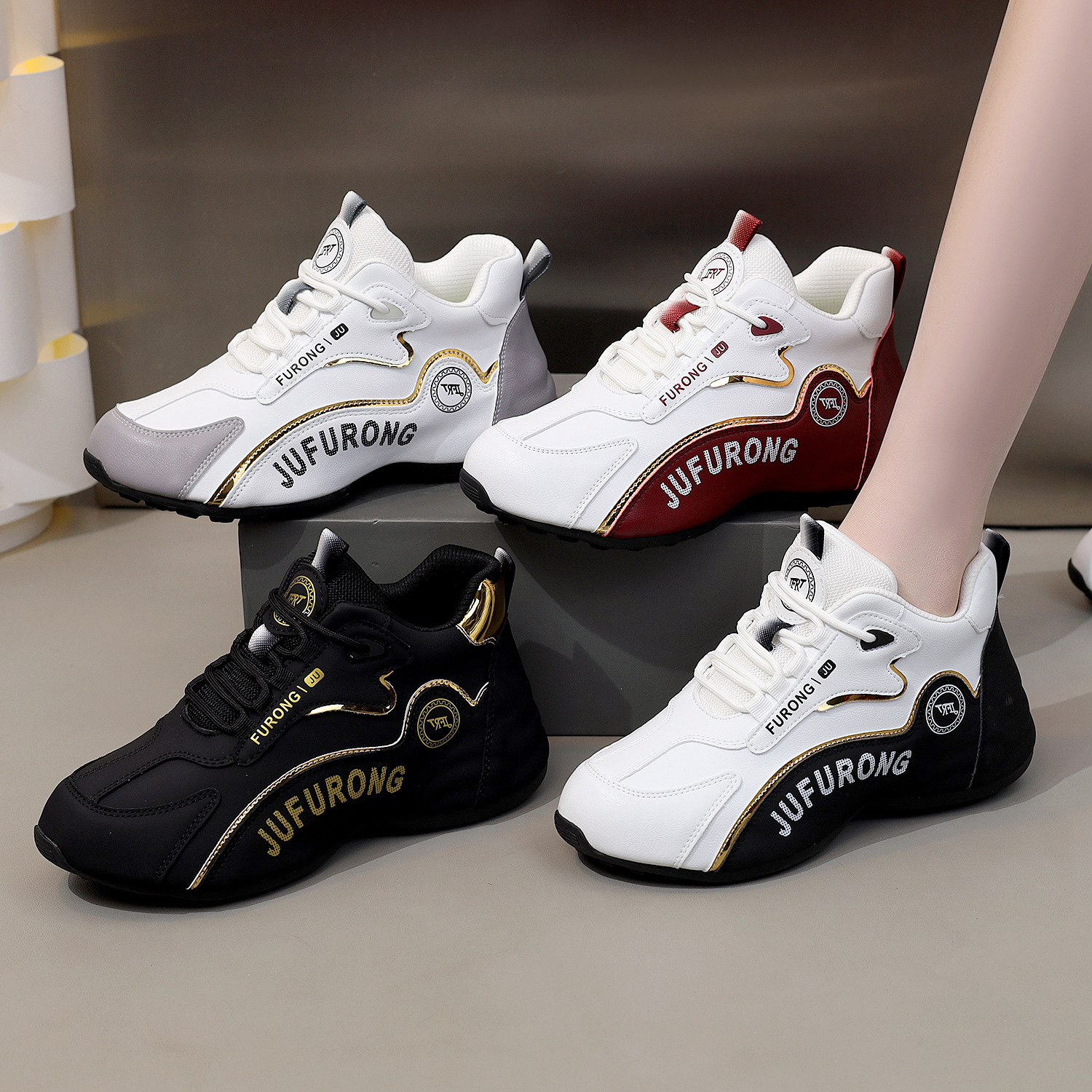 【Juhongfu Manufacturer Direct Sales 9617】Dad Shoes Unisex Style, Soft Leather Surface, Versatile Couple Sneakers