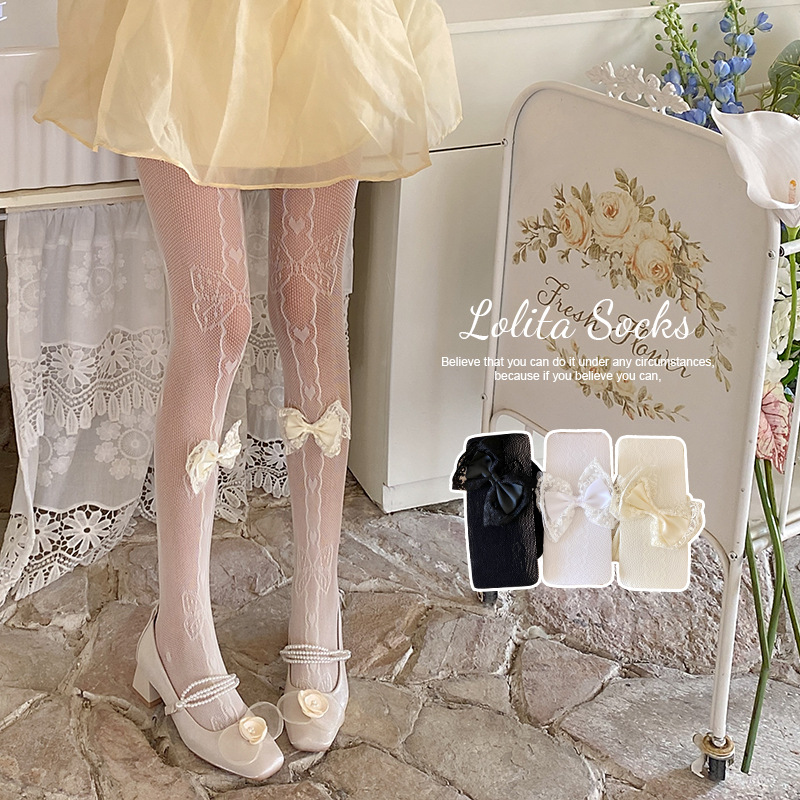 Medias blancas puras desean arco amor hueco primavera y verano delgada pantalones Lolitajk sexy Jacquard