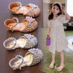 2023 New Girl's Single Shoe Fashion Summer Middle-Age Soft Flat Shoes with Cap Toe Sandals Dance Shoes Princess Shoes Crystal