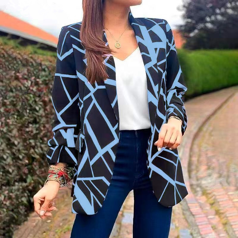 Saco Blazer Estampado Sin Botones de Poliéster Entallado Manga Larga para Mujer