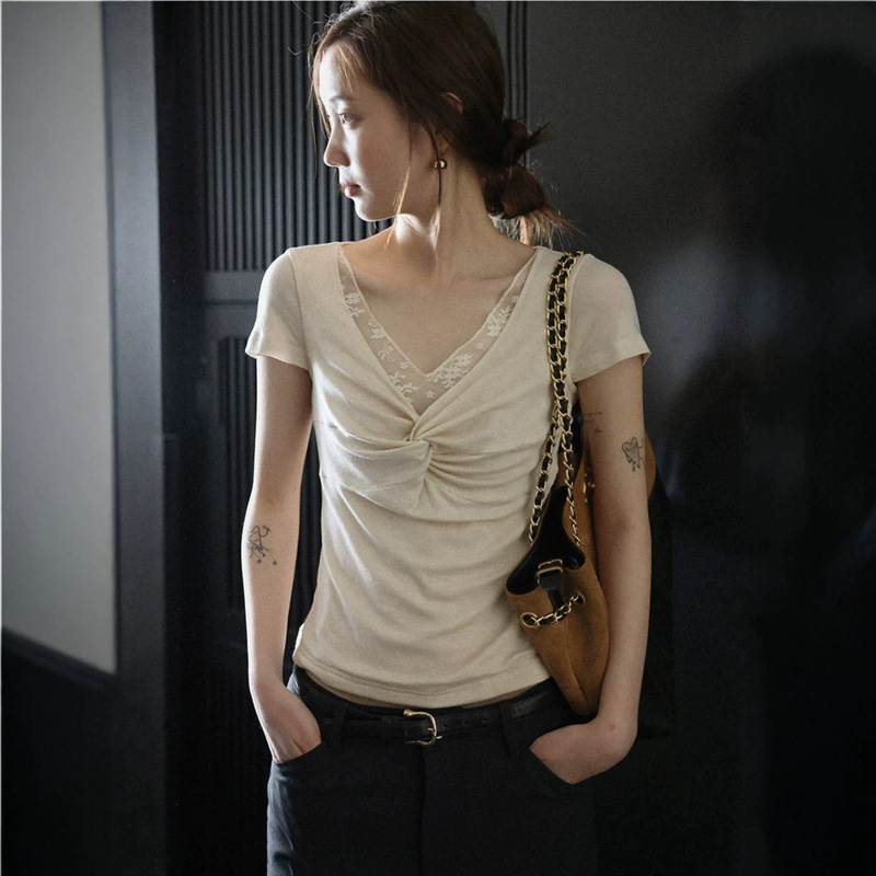 Lace Patchwork Twist V-Neck Short-Sleeve T-Shirt for Women, Summer Korean Style, Slim Fit, Low-Cut, Flattering, Versatile, Stylish Design, Base Top Lace Patchwork Twist V-Neck Short-Sleeve T-Shirt for Women, Summer Korean Style, Slim Fit, Low-Cut, Flattering, Versatile, Stylish Design, Base Top