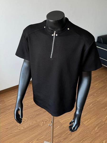 美式太空棉短袖男款夏季半拉链正肩t恤拼接半袖抗菌匹马棉情侣装