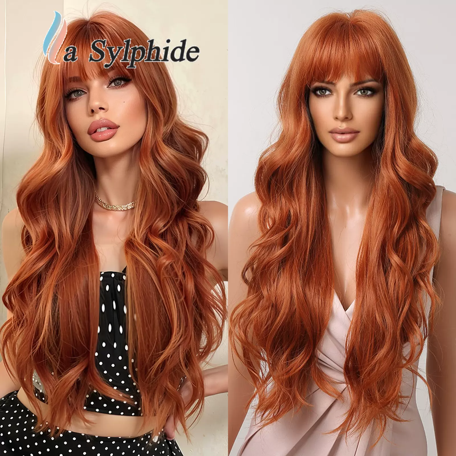 假发全头套女橙色红色中分长卷发欧美日常款化纤机制女Hair Wigs