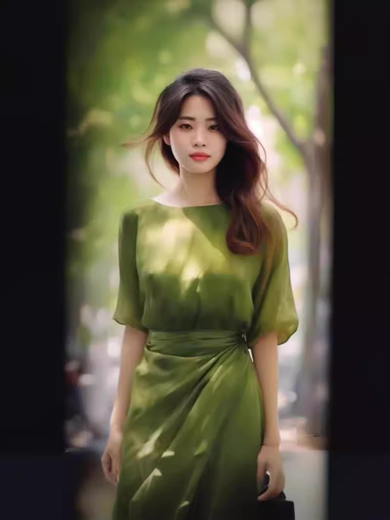 Đầm midi nữ phong cách Pháp eo thon dài qua gối — Váy liền màu xanh lá