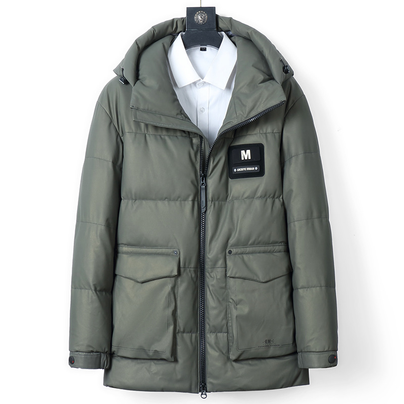 新款海宁真皮皮衣男士真皮羽绒服胎牛皮夹克宽松版连帽鹅绒外套冬