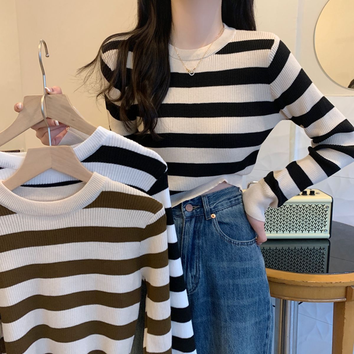 Cross-border striped short long-sleeved sweater undershirt 2024 new fashionable simple Slimming versatile top