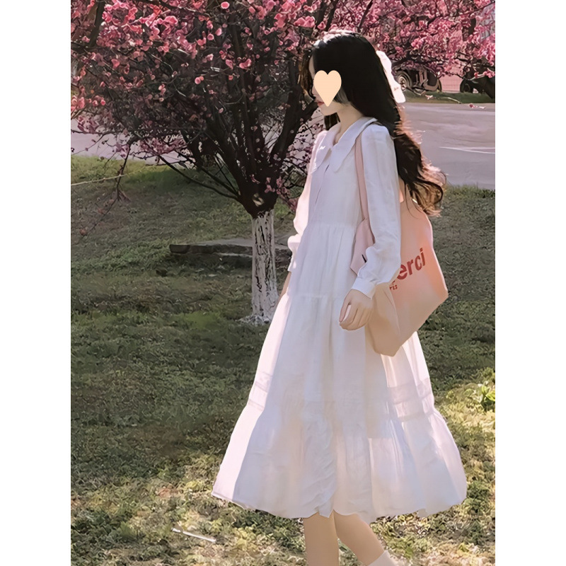 白色领长袖衬衫连衣裙女学生夏季娃娃领收腰字仙女裙长裙子