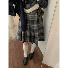 韩系复古清新气质减龄格子百褶高腰半身裙休闲百搭修身显瘦A字裙