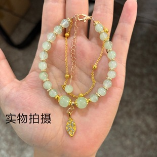 2024 Golden Branches and Jade Leaves Hetian Jade Bracelet Female Explosions Double-layer Leaves Pendant Bracelet for Girlfriend 520 Gift