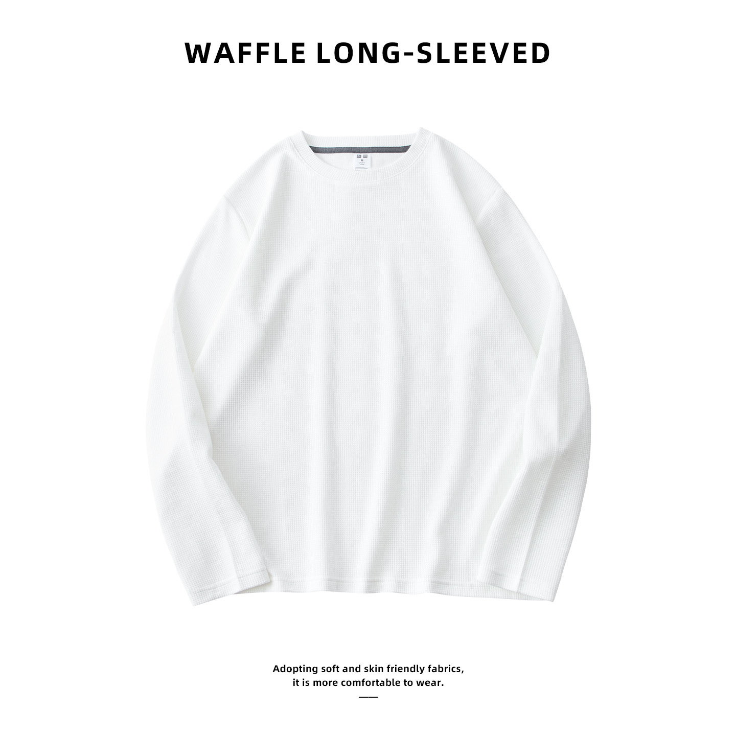Waffle Camiseta de manga larga de los hombres de estilo americano suelta camiseta superior otoño juventud color sólido japonés camisa de fondo