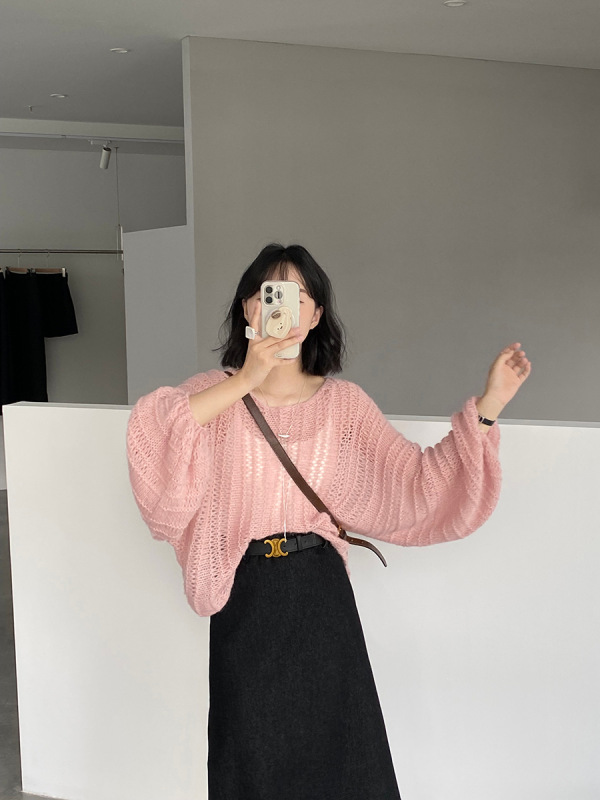 江左 20羊毛 温柔慵懒风粉色软糯蝙蝠袖针织秋新款宽松薄罩衫0628|undefined