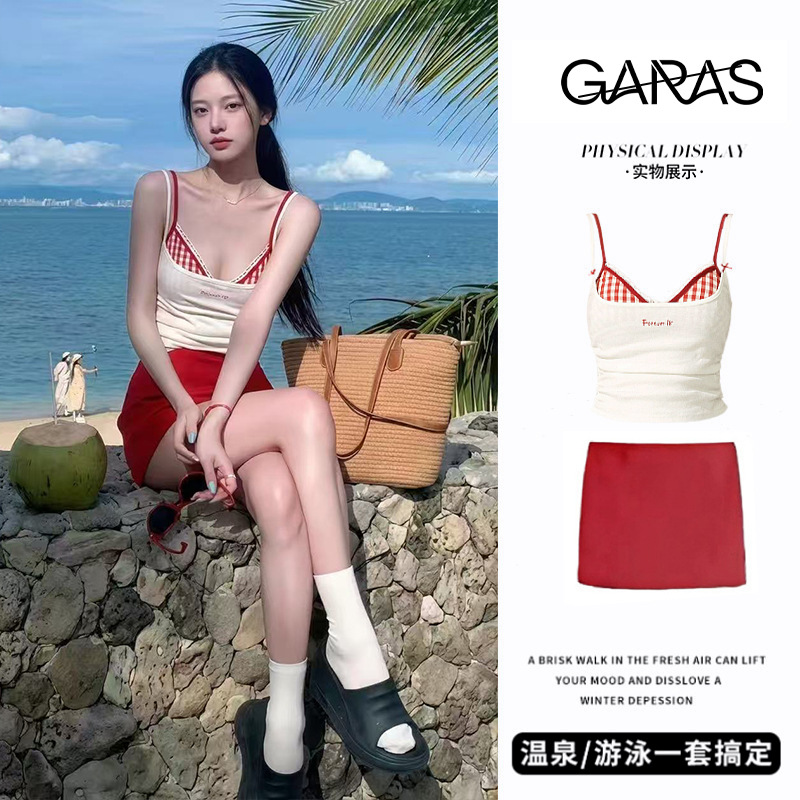 2026 New Style Women's Bikini Split Skirt Style Four-Piece Set with Long-Sleeve Cover-Up Vacation Beach Swimsuit Wholesale