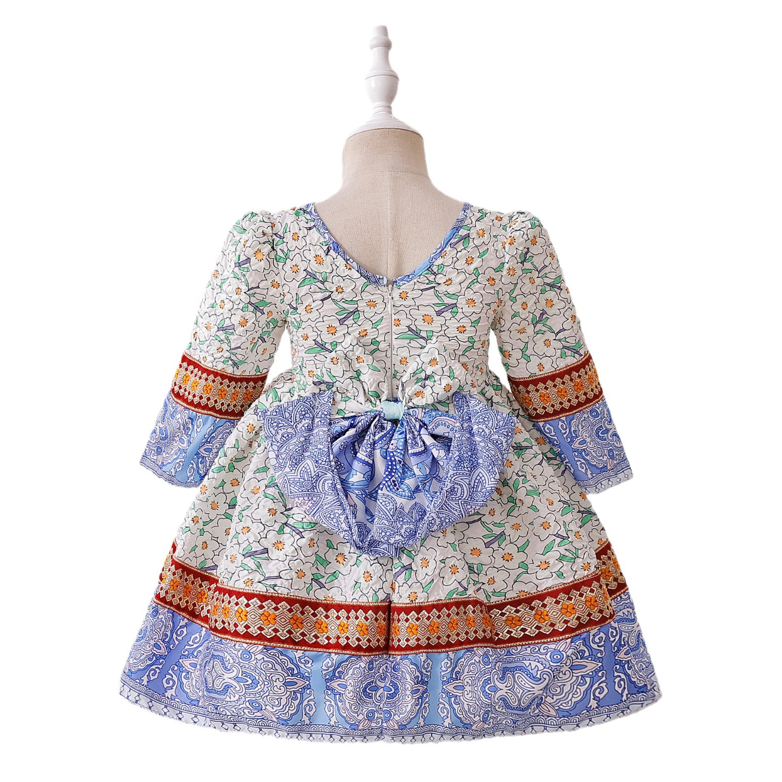 Europa y los Estados Unidos nuevos vestidos de niños vestidos de flores retrógradas mangas largas impresión de tela burbuja ropa infantil vestido de aniversario bebé
