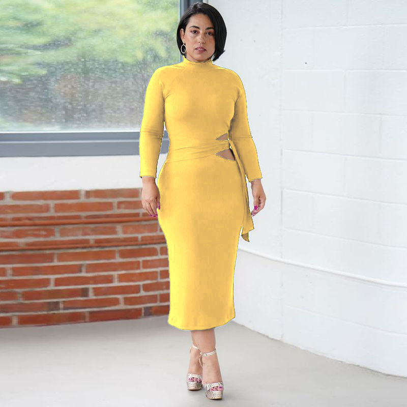 Solid Color Long Sleeve High Waist Hollow Tight-Fitting Mid-Length Dress