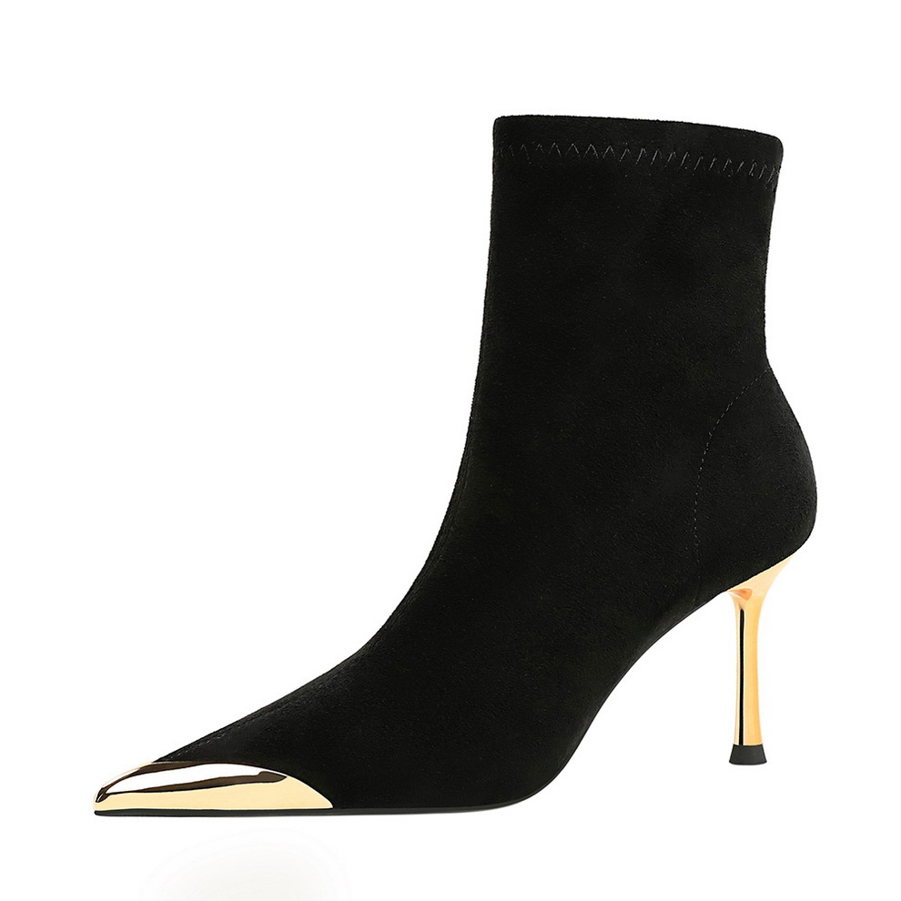 319-12 European And American Style Fahion Party Women' Tube Thin High Heel Metal Pointed Toe Slimming Suede Short_vogvips.com
