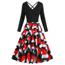 W圣诞节装扮外贸女装 亚马逊冬季V领长袖黑拼印花复古大摆连衣裙
