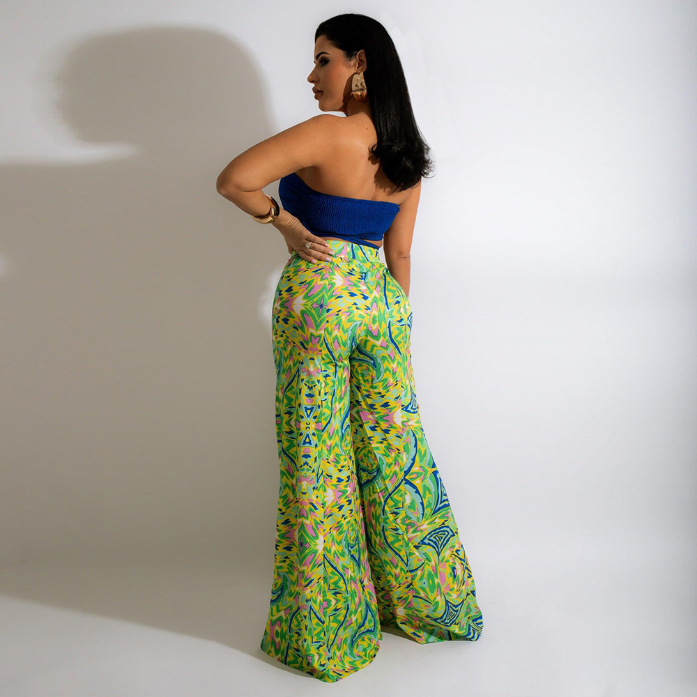 solid color V-neck tube top printed wide-leg trousers set NSSFY121267