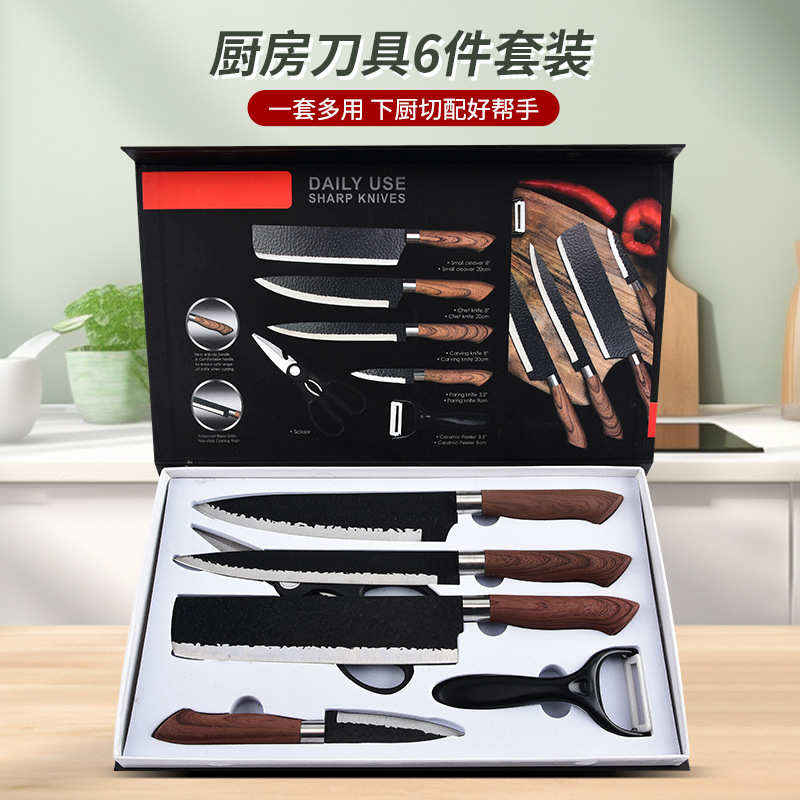 재고 스테인레스 스틸 주방 칼 6 조각 검은 강철 단조 망치 칼 요리사 칼 부엌 칼 선물 상자 칼 세트