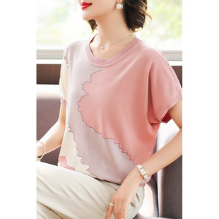 Mom's Summer Short-Sleeved Middle-Aged Women's Fashionable Ice Silk T-Shirt Middle-Aged and Elderly Summer Style Knitted T-Shirt Suit