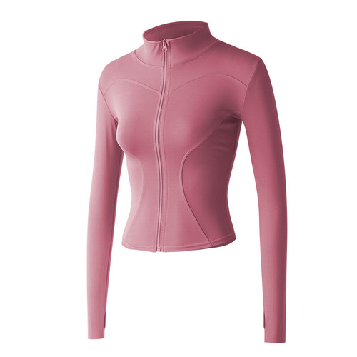 Spring and Autumn Honey Peach Fitness Jacket Fashion Zipper Quick-Dry Long Sleeve Tight Sports Top Stand Collar Yoga Clothes Wholesale