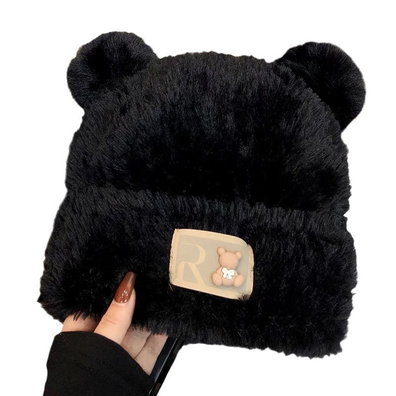 Winter schattige kleine beer kinderen dikke warme oorbescherming, harige gebreide muts, grote hoofdomtrek, gezicht_voghion.com