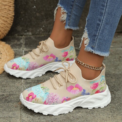  autumn and winter new foreign trade large size women's casual shoes temu flower pattern wedge heel sports shoes for women
