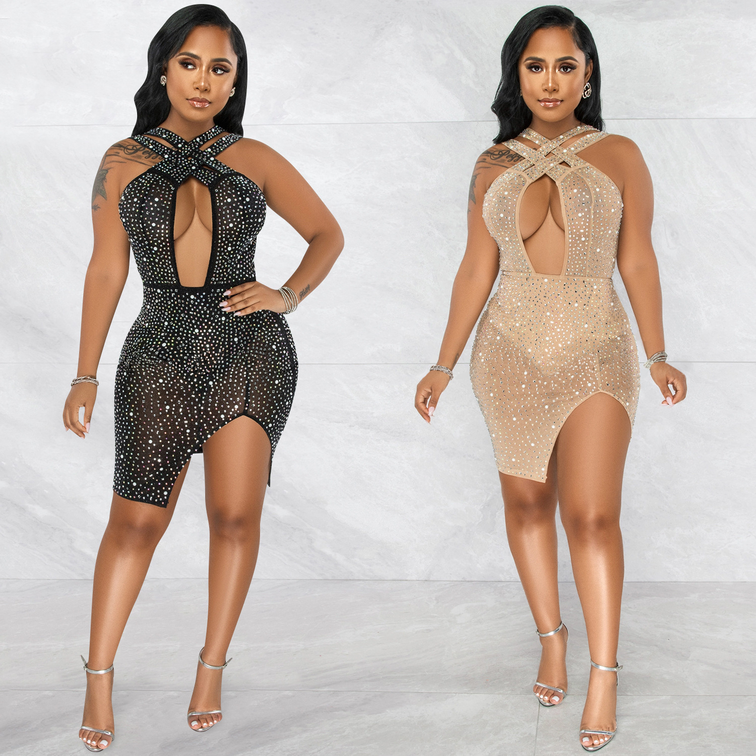 X5735 AliExpress Amazon moda discoteca caliente rhinestone Cruz Halter irregular split MIDI falda vestido de las mujeres image 1