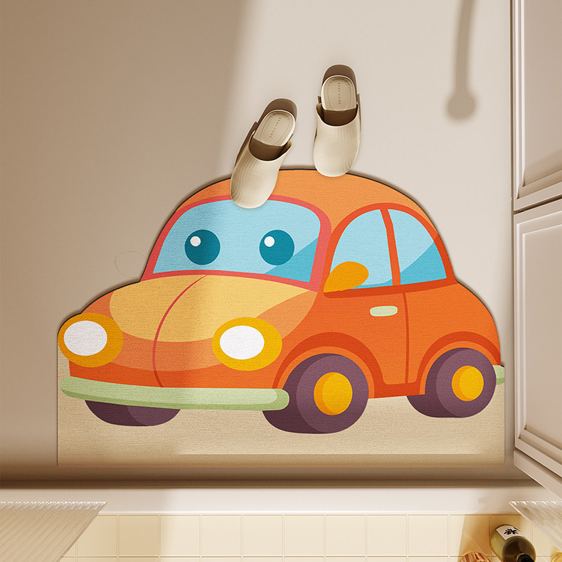 Cartoon Police Car Diatom Mud Floor Mat for Entrance Door, Children's Room, Boys' Car-Themed Quick-Dry Non-Slip Bathroom Mat